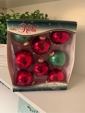 Krebs Elegant Glass Christmas Ornaments Red Green Boxed Set of 8